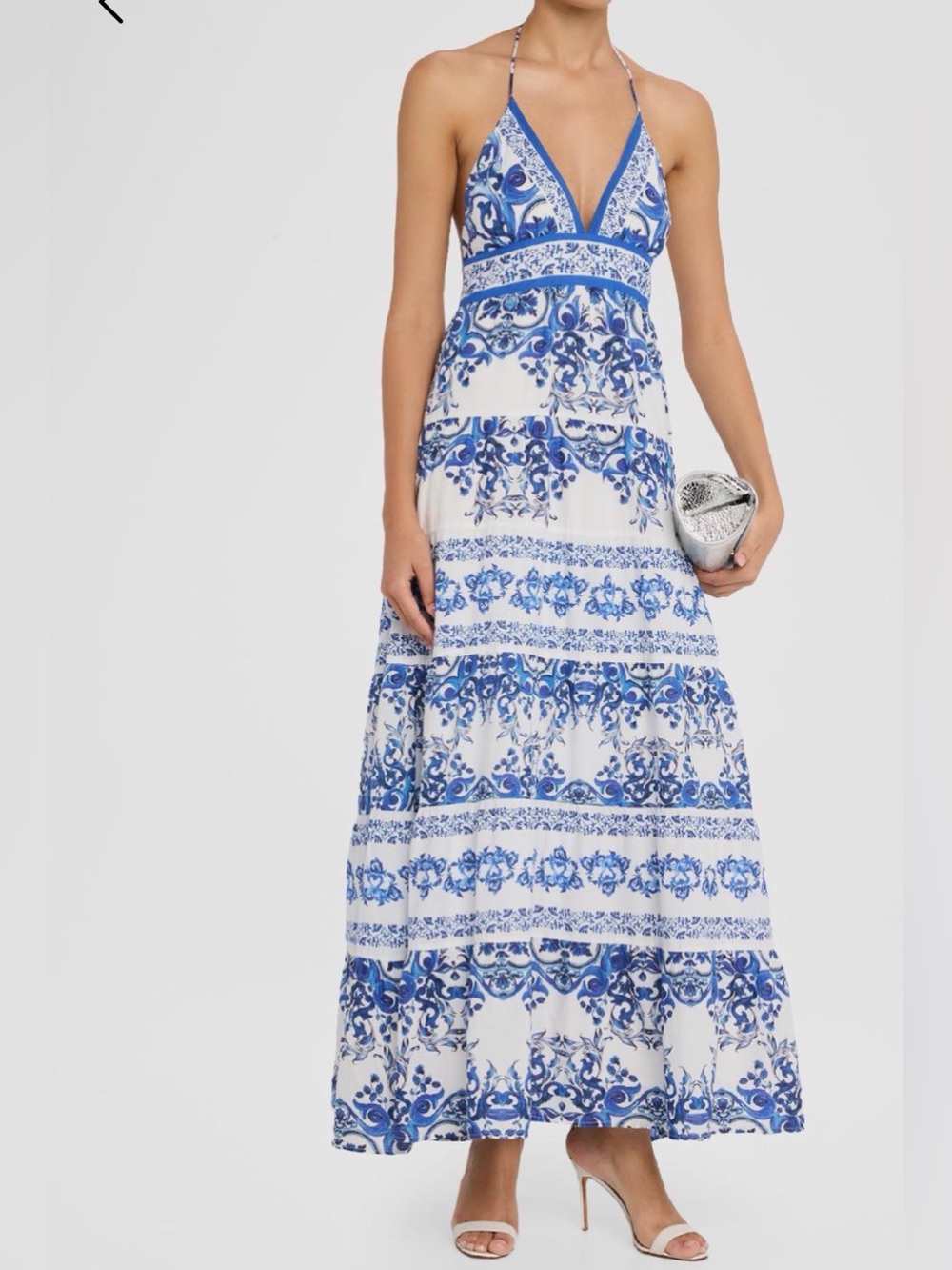 Alice + Olivia Blue and White Printed Halter Maxi Dress